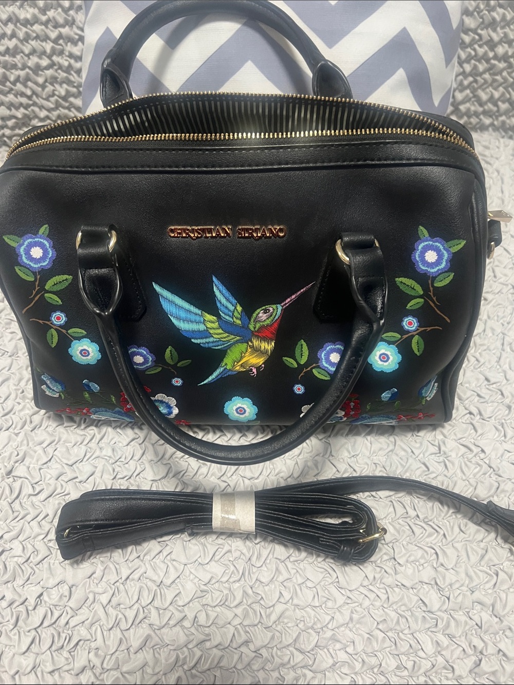 Christian Siriano Black Satchel with Multicolor Hummingbird & Floral Embroidery - Picture 3 of 4